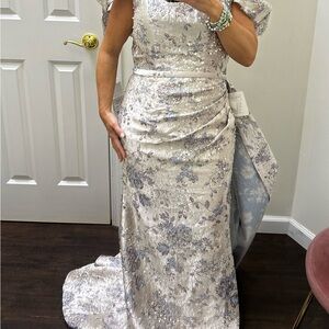 Rina Di Montell gown - silver w/blue flowers. Stunning in person!